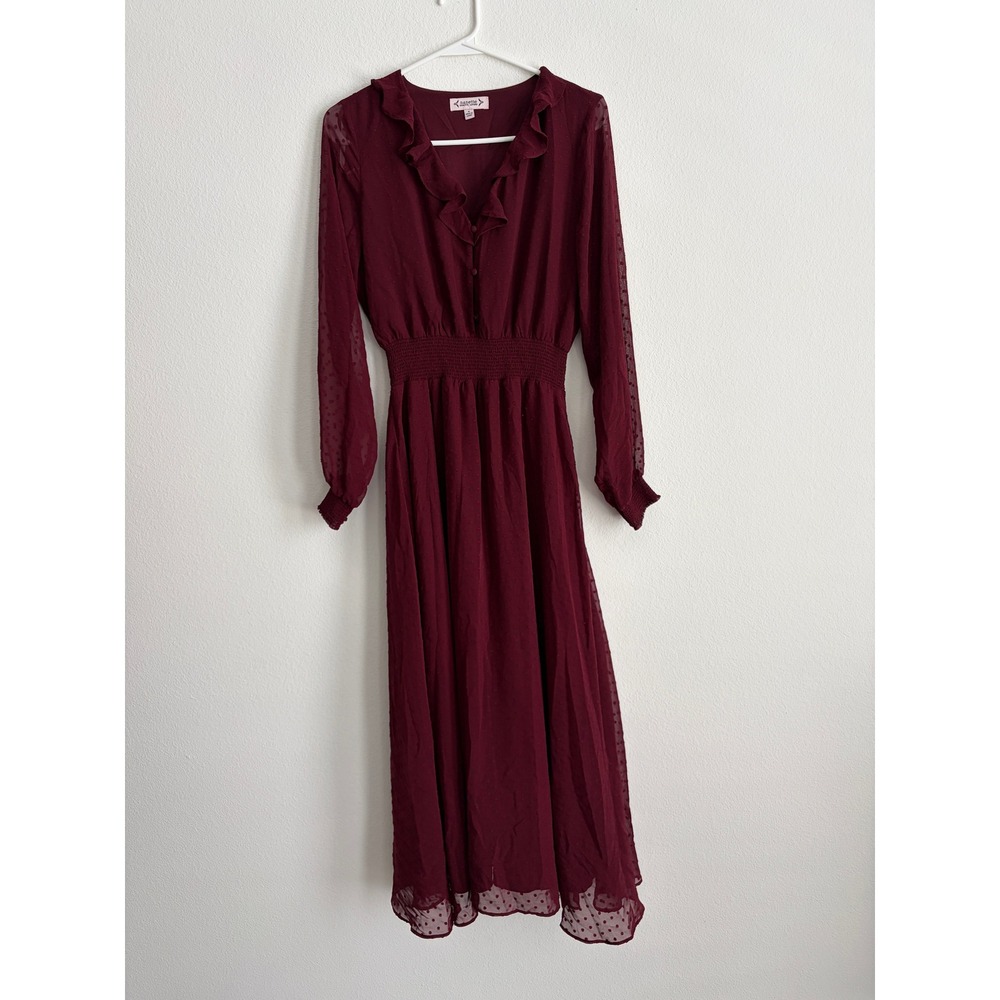 Nanette Lepore Burgundy Clip Dot Ruffle Midi Dress Smocked Waist Size 4